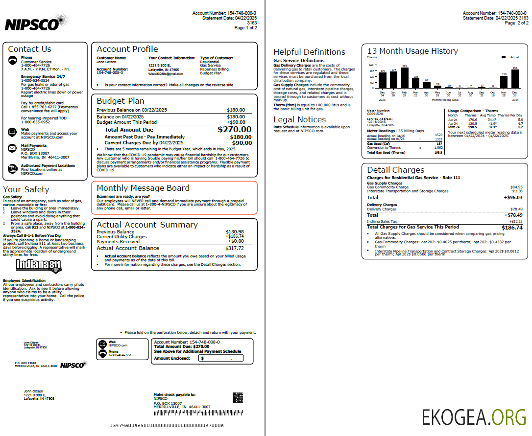 USA NIPSCO utility bill template in Word and PDF formats, 2 pages